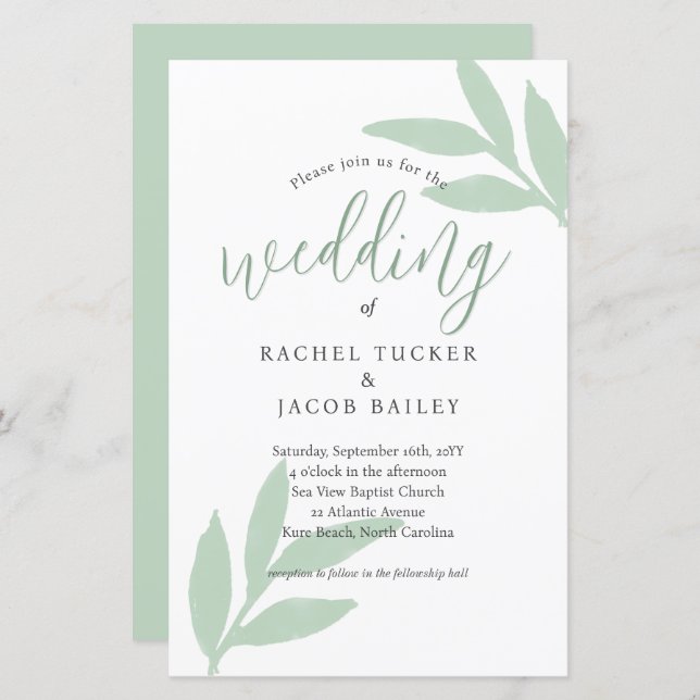 Simple Watercolor Greenery Wedding Invitation (Front/Back)