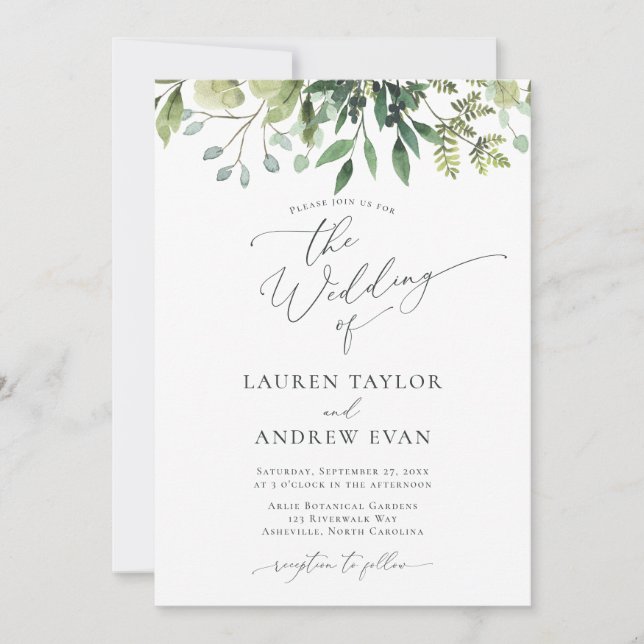 Simple Watercolor Greenery Wedding Invitation (Front)