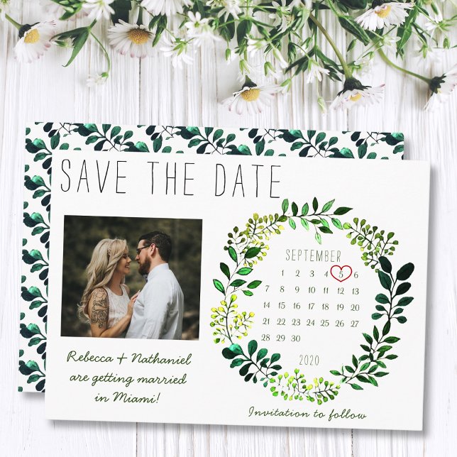 Simple Watercolor Greenery Wedding Photo Calendar Save The Date (Creator Uploaded)