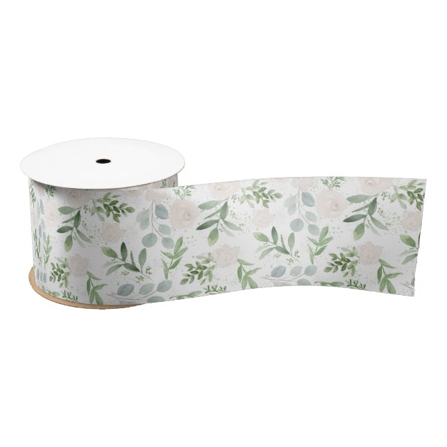 Simple Watercolor Greenery & White Flowers Pattern Satin Ribbon (Spool)