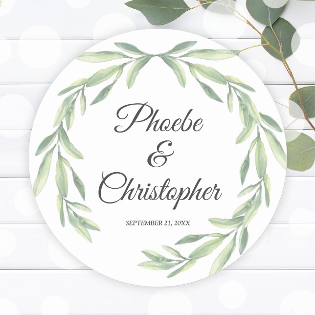 Simple Watercolor Laurel Wreath Greenery Wedding Classic Round Sticker (Simple Watercolor Laurel Wreath Greenery Wedding Classic Round Sticker)
