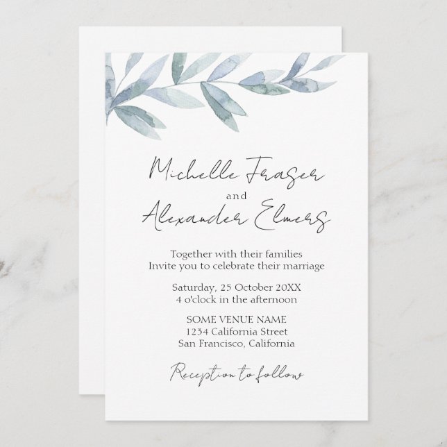 Simple watercolor leaves Elegant classic wedding   Invitation (Front/Back)