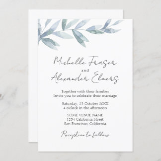Simple watercolor leaves Elegant classic wedding   Invitation