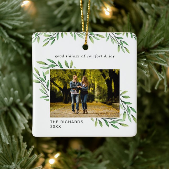 Simple Watercolor Leaves Modern Photo Ceramic Ornament (Tree)