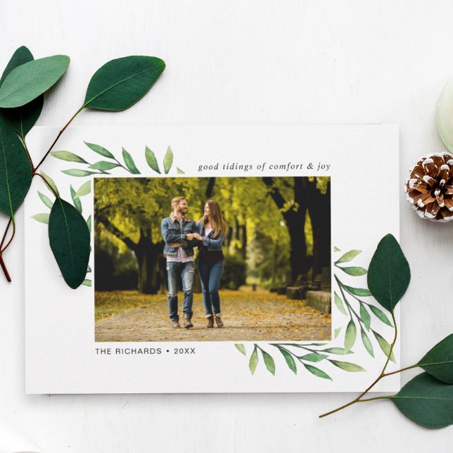 Simple Watercolor Leaves Modern Photo Holiday Card (Creator Uploaded)