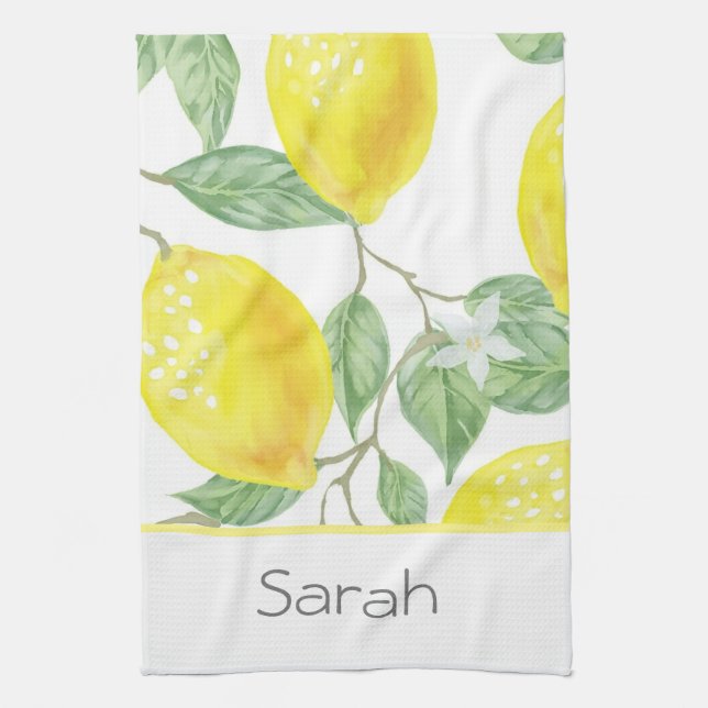 Simple Watercolor Lemon Leaves Monogrammed Tea Towel (Vertical)