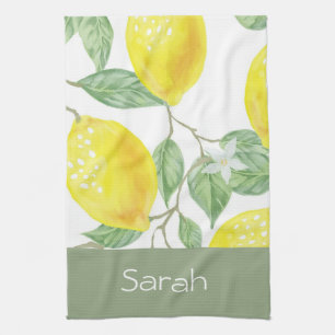 Simple Watercolor Lemon Leaves Sage  Monogram Tea Towel