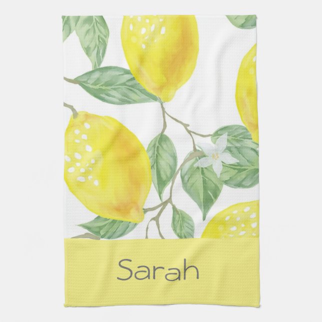 Simple Watercolor Lemon Leaves Yellow Monogrammed Tea Towel (Vertical)
