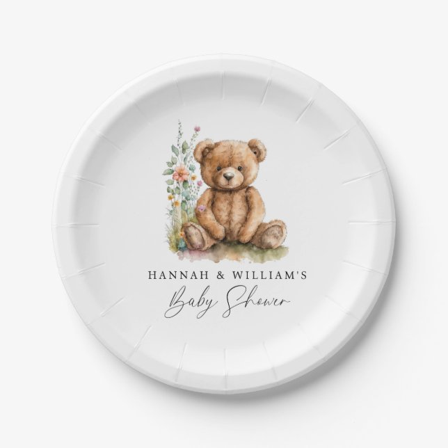 Simple Watercolor Little Teddy Bear Baby Shower Paper Plate (Front)