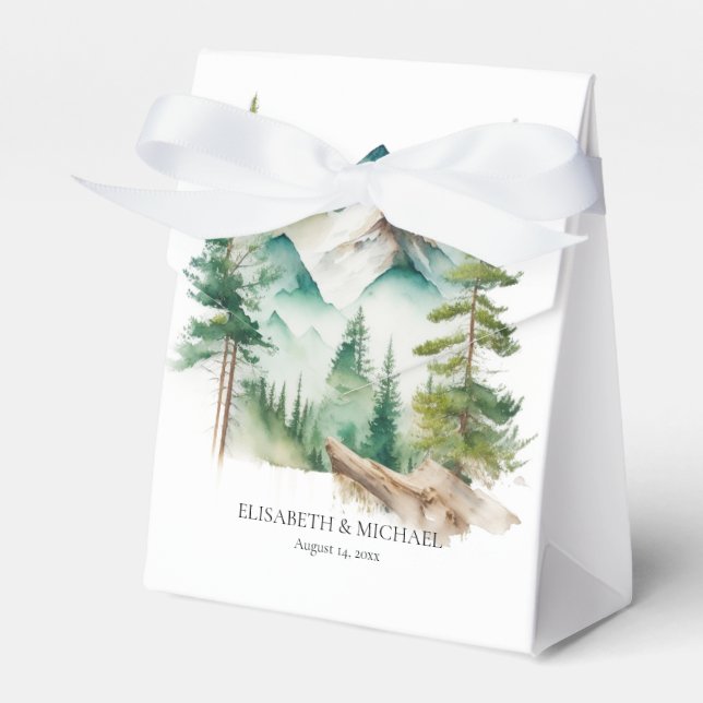 Simple Watercolor Mountain And Pine Trees Wedding Favour Box (Front Side)