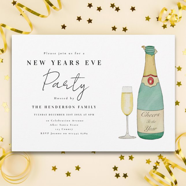 Simple Watercolor New Year’s Eve Party Invitation (Cheers to the year New Year’s Eve party invitation simple watercolor )