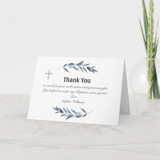 Simple watercolor olive branch Baptism  Thank You Card (Front)