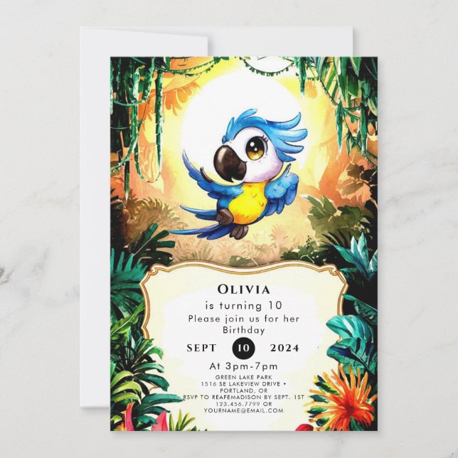 Simple Watercolor Parrot Birthday Invitation (Front)