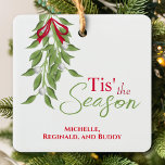 Simple Watercolor Photo Christmas Mistletoe Ceramic Ornament<br><div class="desc">This design features a Merry Christmas mistletoe perfect for any Christmas Tree with a minimal minimalist,  classic photo,  elegant white calligraphy script typography,  a stylish trendy,  red background with a modern minimalist clean simple style,  and an elegant chic,  holiday gift idea.</div>