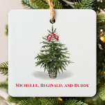 Simple Watercolor Photo Christmas Tree Ceramic Ornament<br><div class="desc">This design features an elegant watercolor Christmas Tree ornaments with a minimal minimalist,  classic photo,  elegant white calligraphy script typography,  a stylish trendy,  red background with a modern minimalist clean simple style,  and an elegant chic,  holiday gift idea.</div>