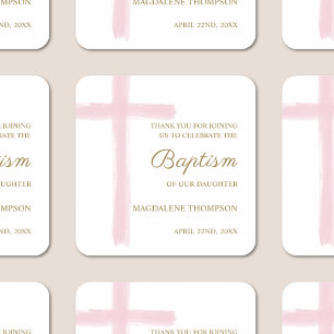 Simple Watercolor Pink Cross Baptism Thank You Square Sticker
