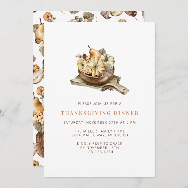 Simple Watercolor Pumpkins Thanksgiving Dinner Invitation (Front/Back)