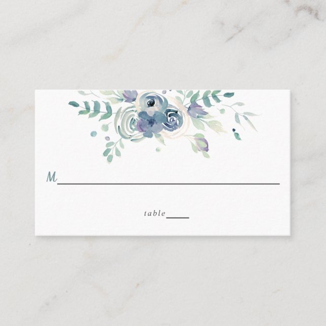 Simple Watercolor Purple Blue Grey Flowers Wedding Place Card (Front)