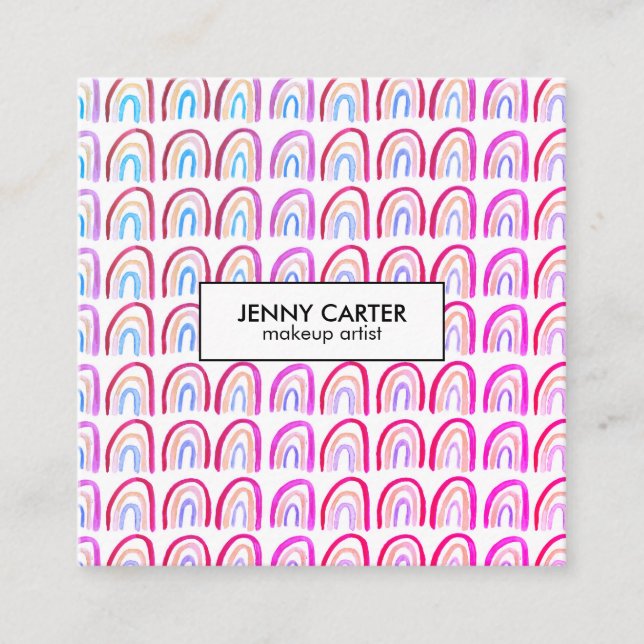 Simple Watercolor Rainbows Pattern Cool Purple Square Business Card (Front)