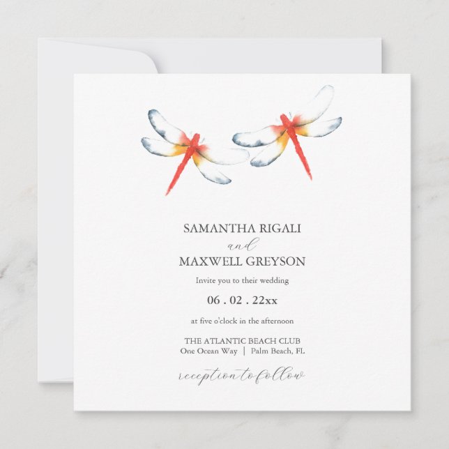 Simple Watercolor Red Dragonfly Wedding Invite (Front)