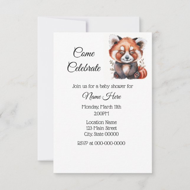 Simple Watercolor Red Panda Baby Shower Invitation (Front)