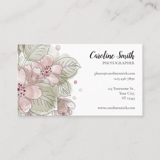 Simple, Watercolor Rose & Green Flowers drawing Business Card (Front)