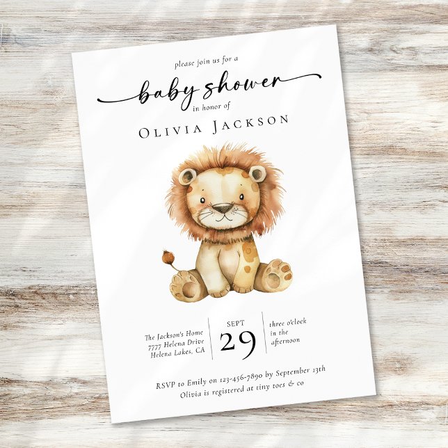 Simple Watercolor Safari Lion Baby Shower  Invitation (Creator Uploaded)