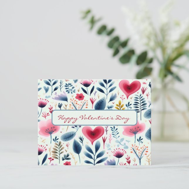 SIMPLE WATERCOLOR SCANDENAVIAN FLORAL AND HEARTS  HOLIDAY POSTCARD (Standing Front)