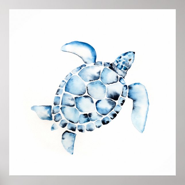 Simple Watercolor Sea Turtle Painting Blue Poster (Front)