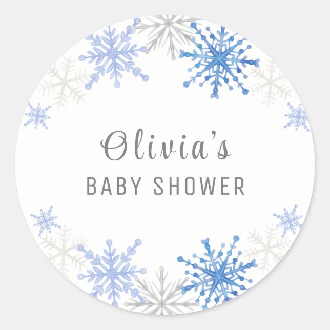 Simple Watercolor Snowflakes Winter Baby Shower Classic Round Sticker (Front)