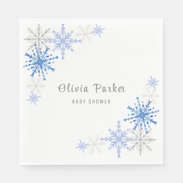 Simple Watercolor Snowflakes Winter Baby Shower Napkin (Front)