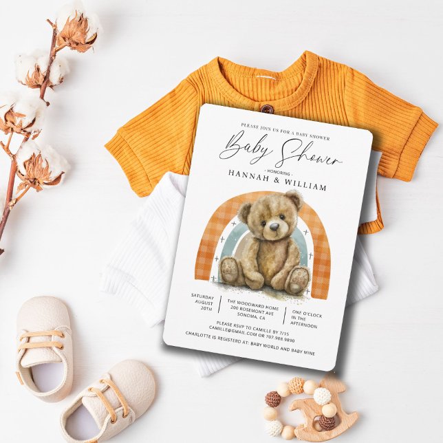 Simple Watercolor Teddy Bear Rainbow Baby Shower Invitation (Creator Uploaded)