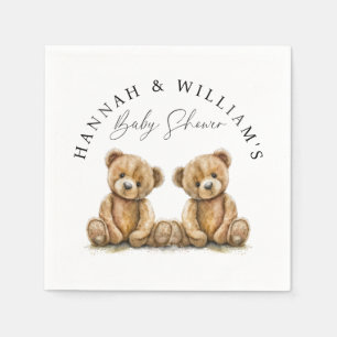 Simple Watercolor Teddy Bear Twins Baby Shower Napkin