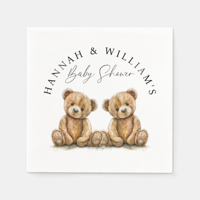 Simple Watercolor Teddy Bear Twins Baby Shower  Napkin (Front)