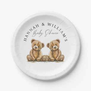 Simple Watercolor Teddy Bear Twins Baby Shower Paper Plate