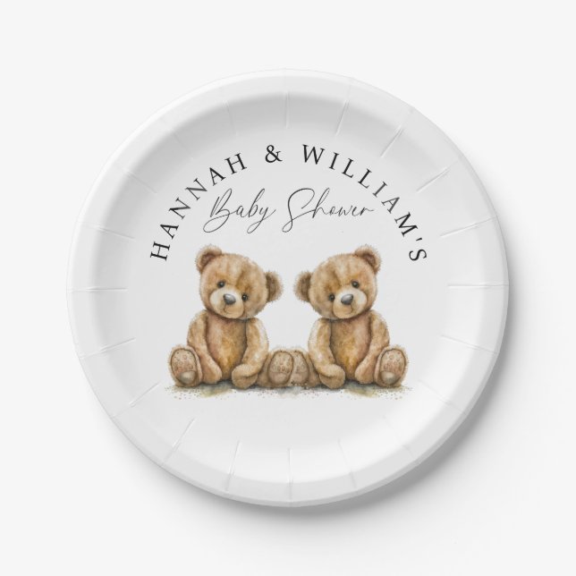 Simple Watercolor Teddy Bear Twins Baby Shower  Paper Plate (Front)