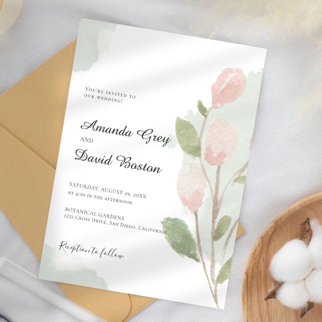 Simple Watercolor Tulip & Leaves Wedding Invitation (Creator Uploaded)