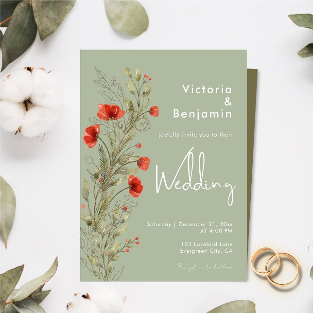 Simple Watercolor Wild Floral Boho Sage Wedding Invitation (Simple Rustic Watercolor Floral Boho Sage Green Invitation )