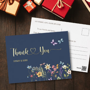 Simple Watercolor Wildflowers Wedding Thank you Foil Invitation Postcard