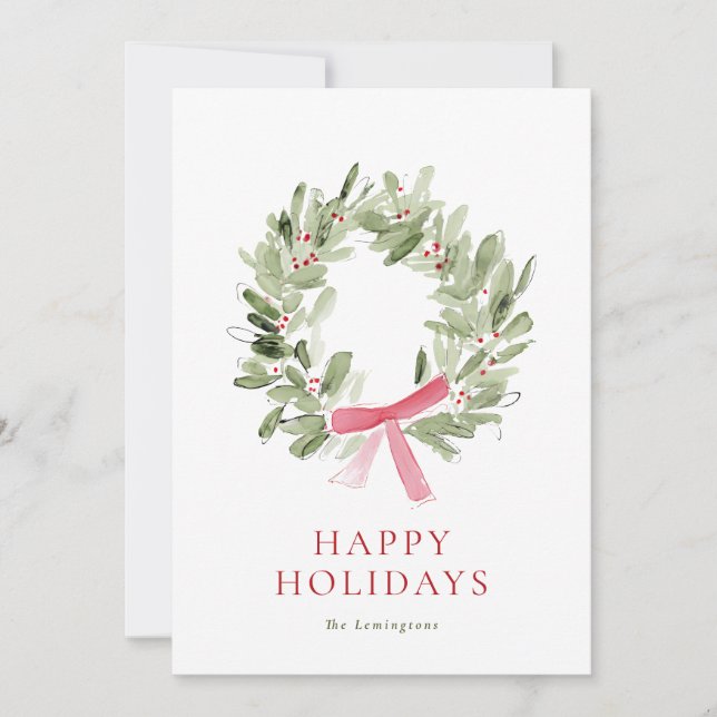 Simple Watercolor Wreath & Bow No Photo Holiday Card (Front)