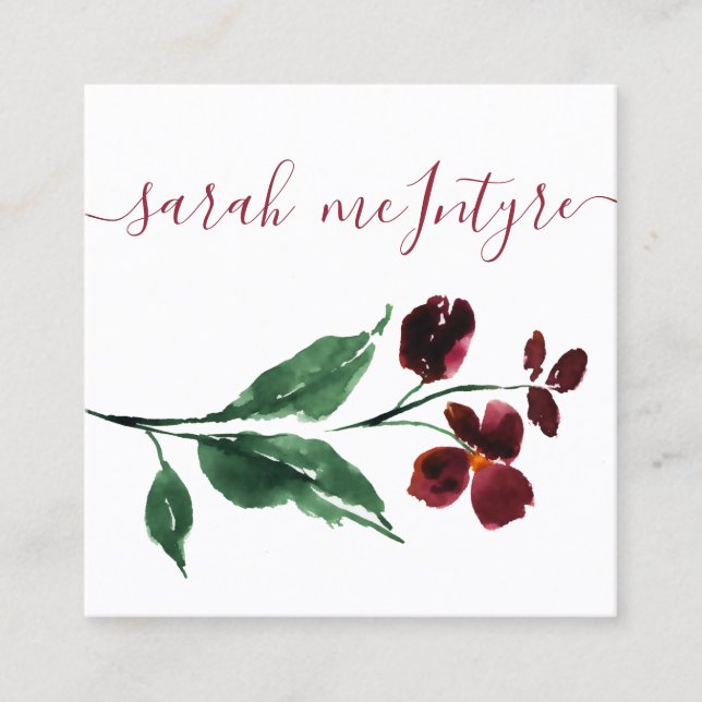 Simple Watercolour Burgundy Flowers Calling Card (Front)