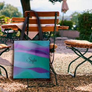 Simple wave purple turquoise violet with name tote bag