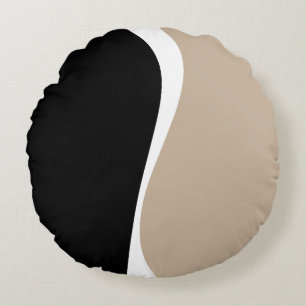 Simple Waves 2 - Taupe, Black and White Round Cushion