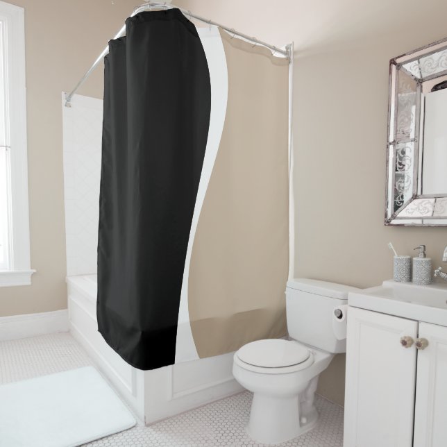 Simple Waves 2 - Taupe, Black and White Shower Curtain (In Situ)