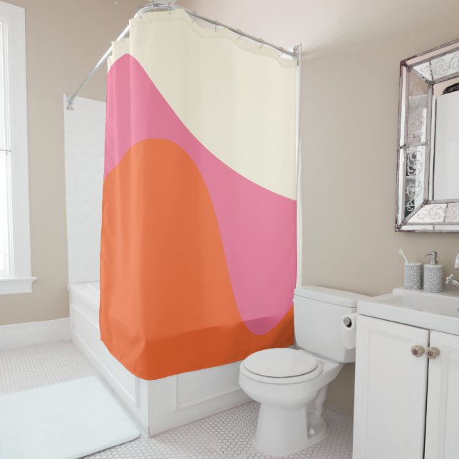 Simple Waves 4 in Pink, Orange, and Cream Shower Curtain (In Situ)