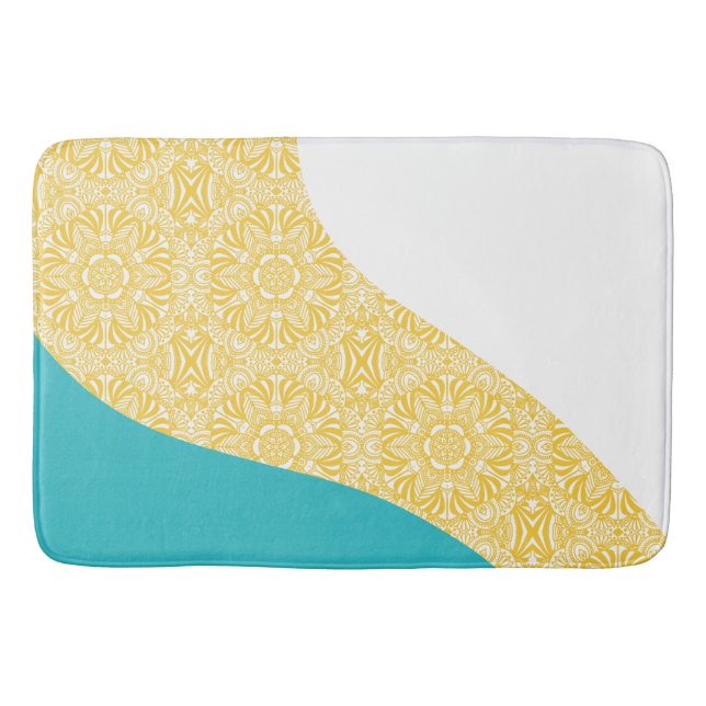 Simple Waves - Floral Pattern Turquoise and Yellow Bath Mat (Front)