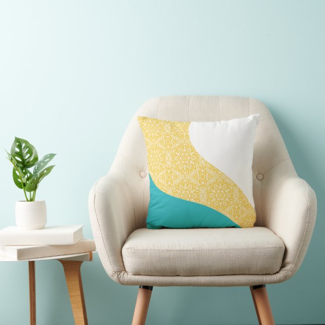 Simple Waves - Floral Pattern Turquoise and Yellow Cushion (Chair)