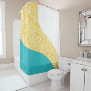 Simple Waves - Floral Pattern Turquoise and Yellow Shower Curtain