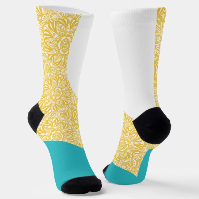 Simple Waves - Floral Pattern Turquoise and Yellow Socks (Angled)