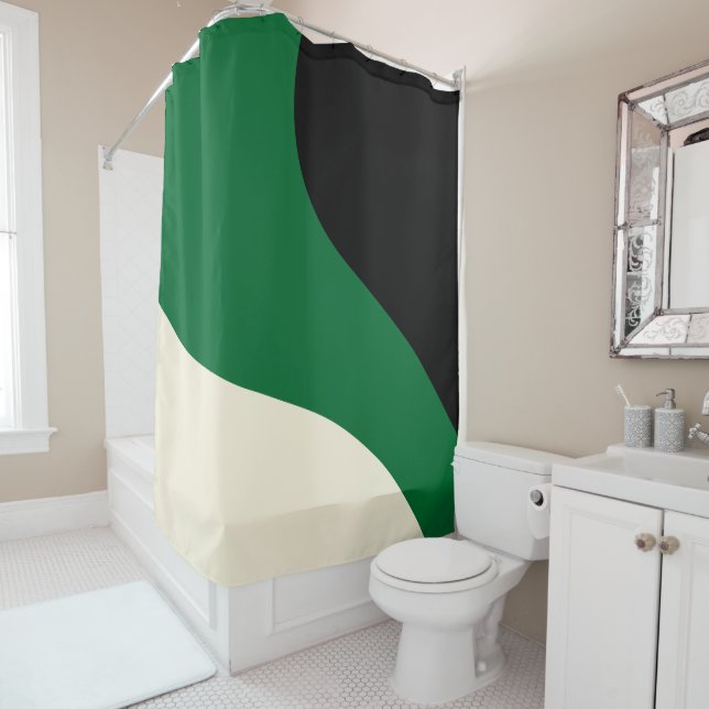 Simple Waves - Green, Cream and Black Shower Curtain (In Situ)